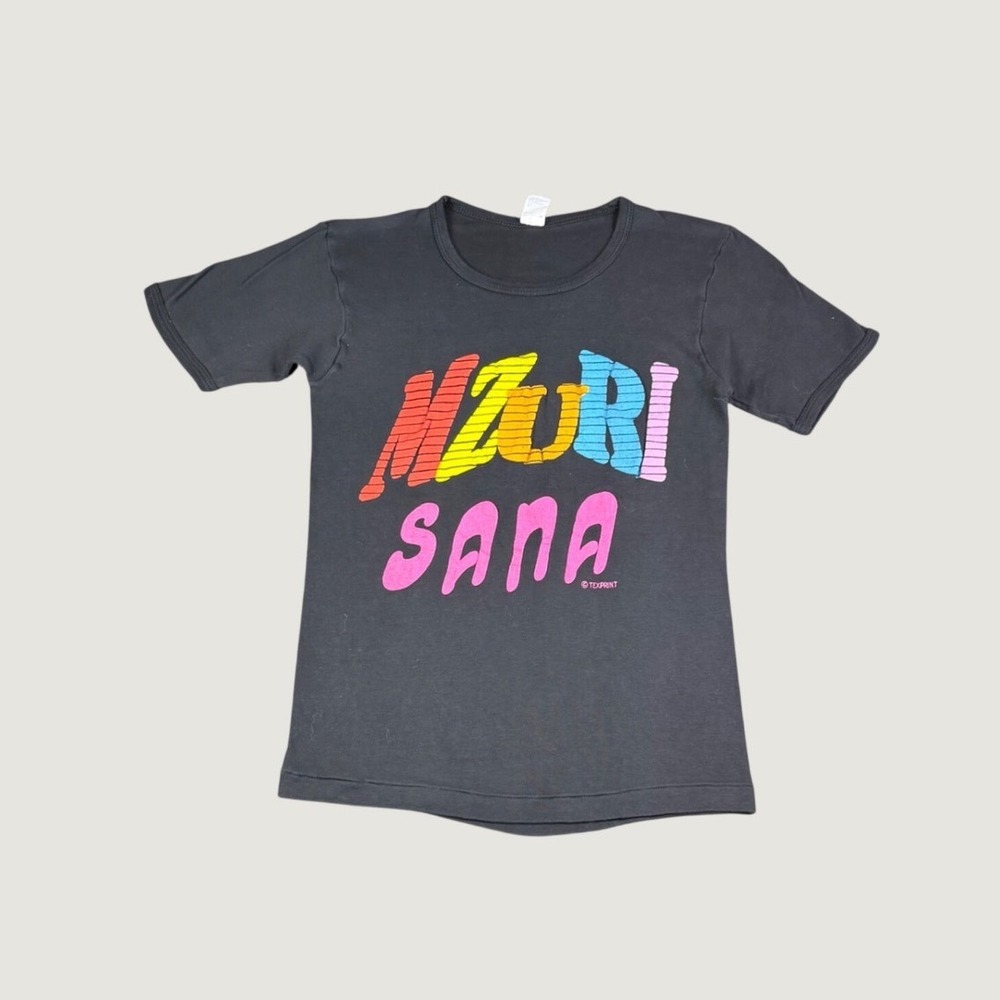 Vintage Sun Flag Mzuri Sana Graphic T-Shirt Black Cotton Mens Small Kenya Made